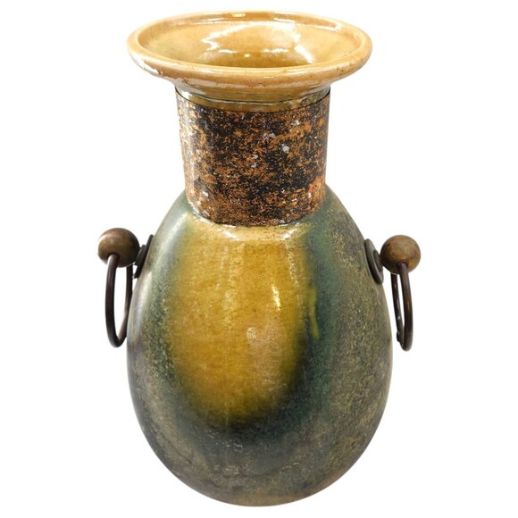 Vtg. Tony Evans Large Raku Vase Brass Handles Signed Spotted Glaze Metal Collar - Picture 4 of 10